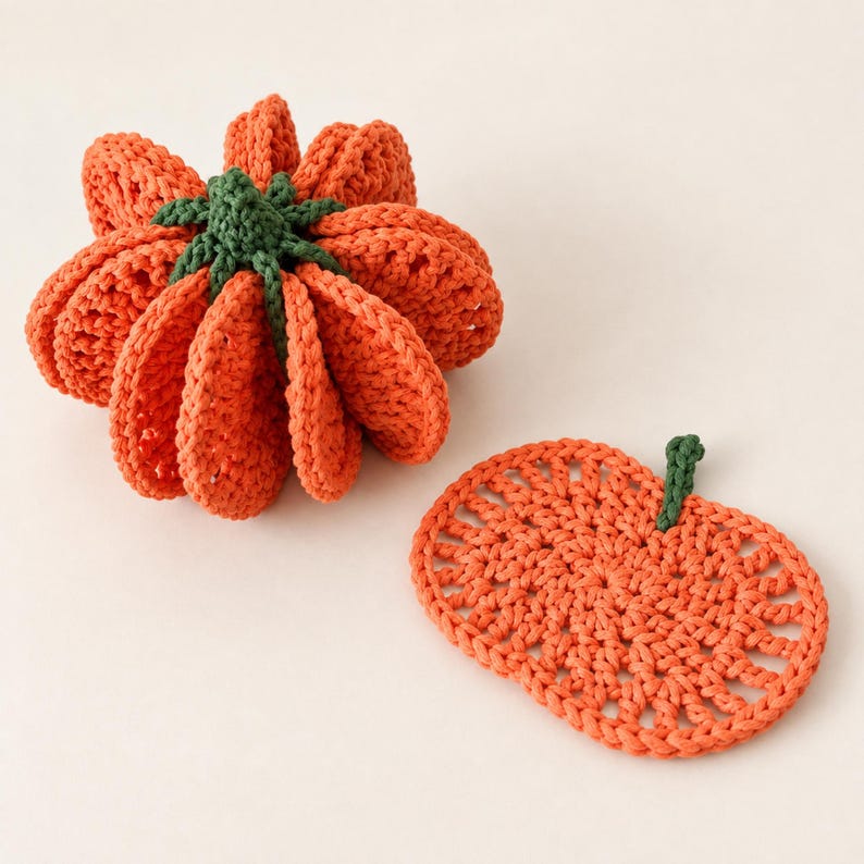Pode incluir: Uma ab&oacute;bora de croch&ecirc; laranja tridimensional com um caule verde-escuro e um porta-copos de croch&ecirc; laranja plano e circular com um pequeno caule verde, ambos feitos de fio com pontos texturizados vis&iacute;veis em toda a pe&ccedil;a.