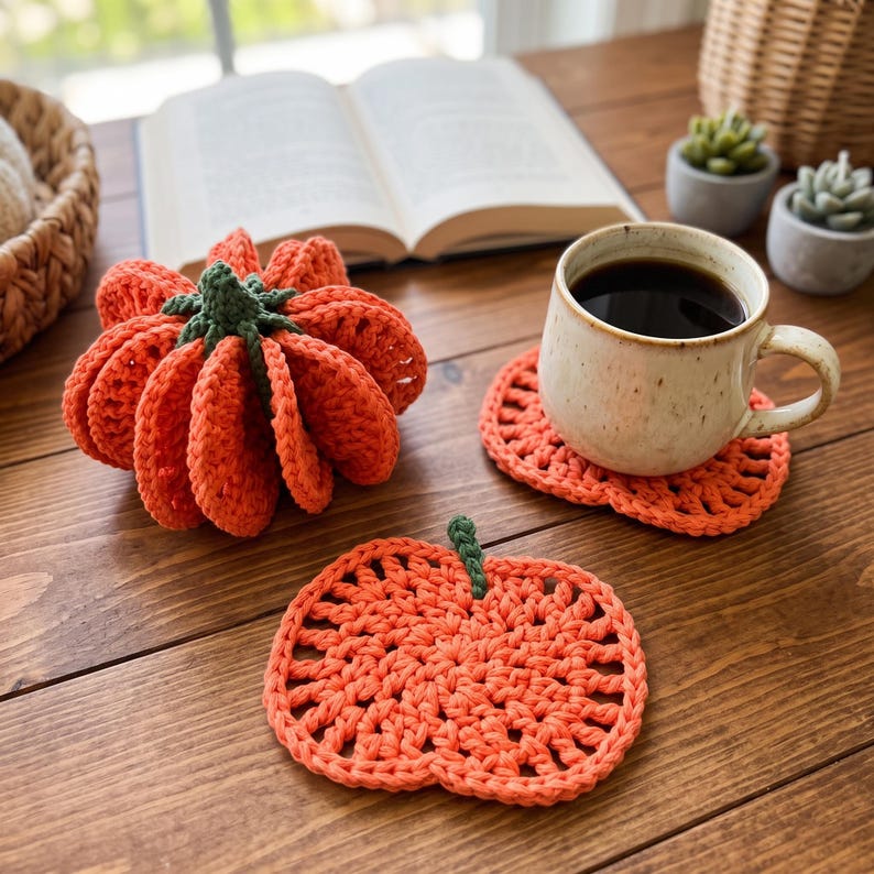 Pode incluir: Uma ab&oacute;bora de croch&ecirc; tridimensional laranja com um caule verde, juntamente com dois porta-copos de croch&ecirc; planos em forma de ab&oacute;bora no mesmo fio laranja com pequenos caules verdes, um dos quais sustenta uma caneca de cer&acirc;mica salpicada.