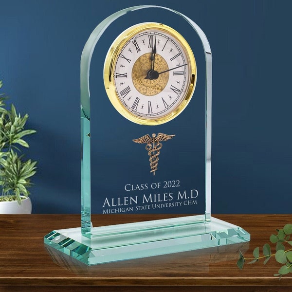 Personalized Medical Graduates Jade Glass Clock with Gold Caduceus, Medical School Graduation Gift