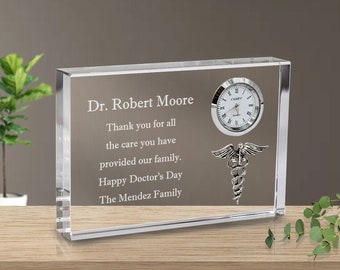 Personalized Medical Keepsake Crystal Clock Engraved Plaque with Silver Caduceus- Custom Doctor Gift