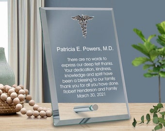 Glass Plaque for Doctors with silver caduceus, Thank you gift for Doctors - Personalized gift for doctor - Thank You Plaque Engraved Plaque