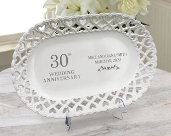 Personalized 30th Wedding Anniversary Gift on Oval Porcelain Plate with Heart Lace Rim, Pearl Anniversary Gift, Anniversary Gift for Parents