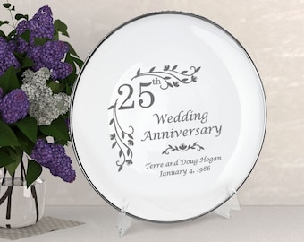 Engraved 25th Wedding Anniversary White Porcelain Plate with Silver Rim- Personalized Silver Wedding Anniversary Gift for Couples & Parents
