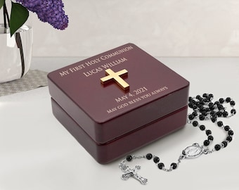 Rosewood Rosary Box for First Communion with Gold Cross