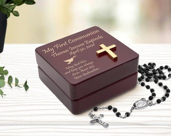 First Communion Wooden Rosary Box with Gold Cross