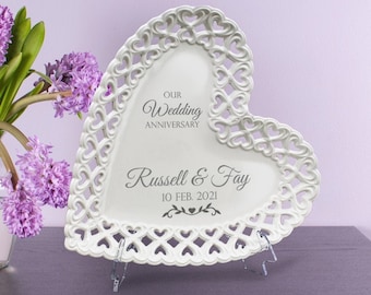 Elegant Personalized Wedding Anniversary Heart Porcelain Plate with Heart lace Rim