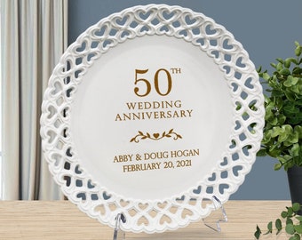 Impressive Personalized 50th Anniversary Round Porcelain Plate with Heart lace Rim, for Parents,  for Couples,  50th Anniversary Gift