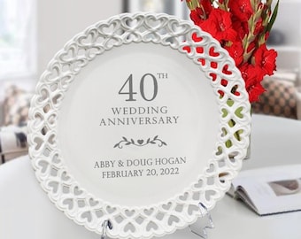 40th Anniversary Personalized Round Porcelain Plate with Heart Lace Rim, The Perfect Anniversary Gift For Parents, Grandparents or Couples.