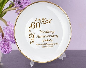 Personalized 60th Wedding Anniversary Porcelain Floral Plate with Gold Rim gift, Best Anniversary Gift for Couples, Parents and Grandparents