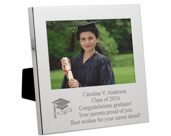Cornice per foto con messaggio di laurea in argento inciso classe del 2024, cornice regalo di laurea personalizzata 4x6