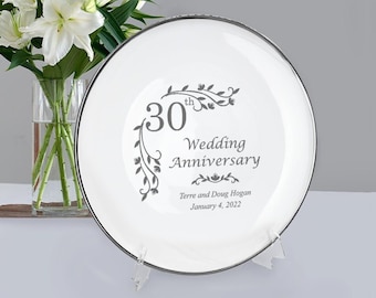 Personalized 30th Wedding Anniversary Porcelain Floral Plate with Silver Rim - Best Engraved Wedding Anniversary Gift for Couples & Parents