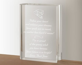 Engraved Crystal Book Graduation Keepsake and Paperweight w/ Cap and Diploma- Personalized 2024 Graduation Gift