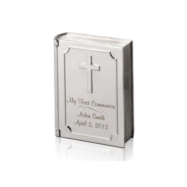 First Communion Bible Keepsake Box Perfect for Storing Rosary in this Beautiful Silver Bible Box with Cross