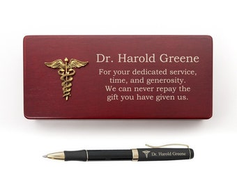 Personalized Pen for Doctors in a Personalized Pen Case Box with Antique Gold Caduceus Symbol