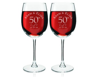 Engraved 50th Anniversary Wine Glasses - 2 in the set - wedding anniversary for parents - golden anniversary gift