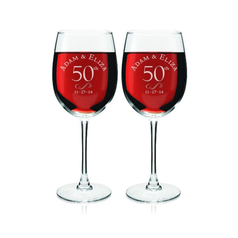 Engraved 50th Anniversary Wine Glasses 2 in the set wedding anniversary for parents golden anniversary gift image 1