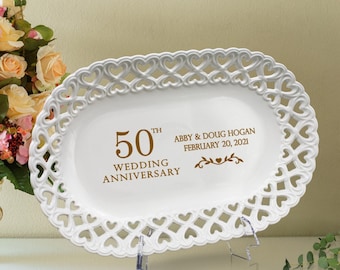 Stunning Personalized 50th Wedding Anniversary Oval Porcelain Plate with Heart lace Rim