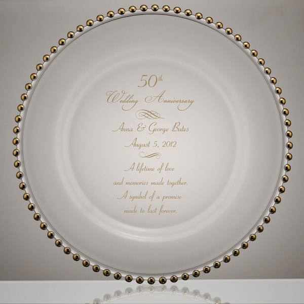 Engraved Golden Beaded 50th Wedding Anniversary Glass Platter, 50th Anniversary Gifts for Parents, Gold Wedding Anniversary Memorable Gift