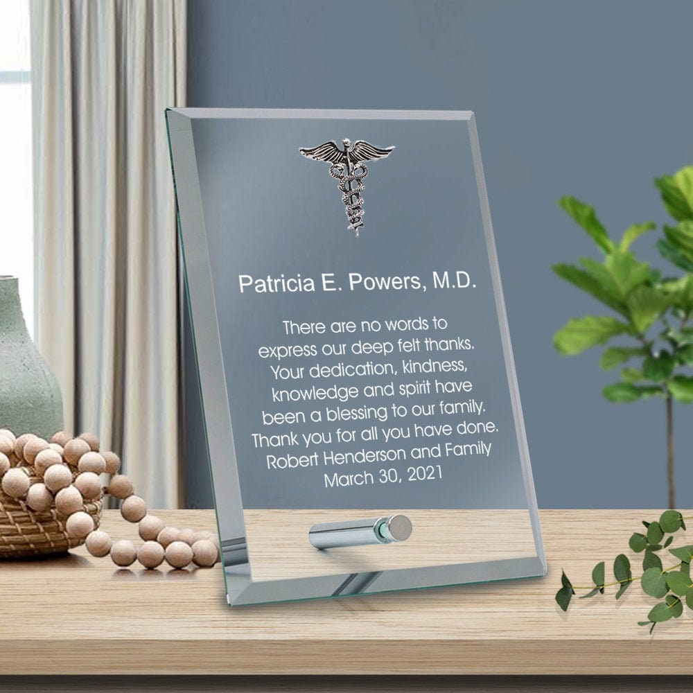 Glass Plaque for Doctors With Silver Caduceus Thank You Gift for