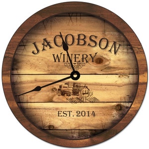 Personalized Family Winery Wall Clock, Wine Barrel Clock