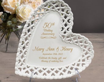 50th Wedding Anniversary Personalized Heart Lace Porcelain Plate with Heart Lace Rim, Engraved Gifts for Couples, Gifts for Parents