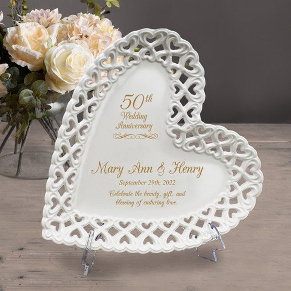 50th Wedding Anniversary Personalized Heart Lace Porcelain Plate with Heart Lace Rim, Engraved Gifts for Couples, Gifts for Parents