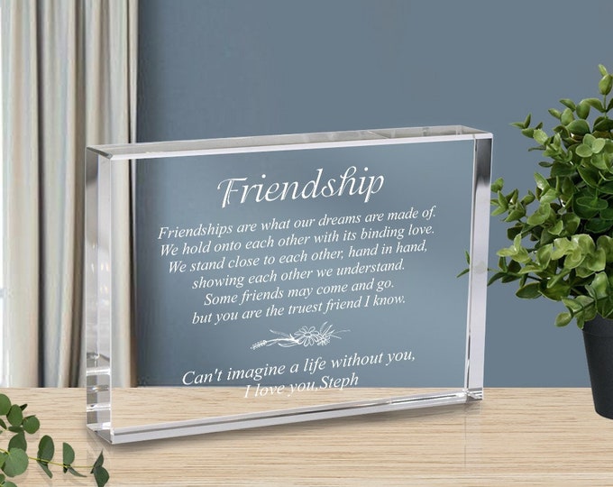 Engraved Friendship Gift Crystal Plaque- Personalized Custom Friendship Long Distance Romantic gift for Women / for Men