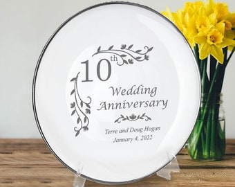 Personalized 10th Wedding Anniversary Porcelain Floral Plate with Silver Rim - Best Engraved Wedding Anniversary Gift for Couples or Wife