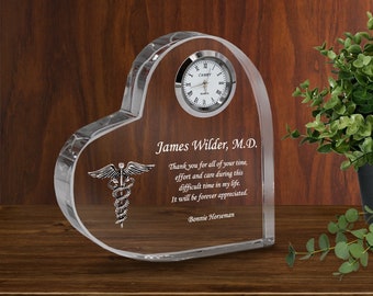 Personalized Crystal Heart Medical Keepsake Clock Plaque with Silver Caduceus, Perfect Gift for Doctors, Nurses and Medical Professionals