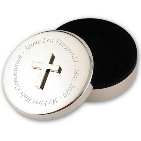 Engraved Round Silver Keepsake Rosary Box for First Communion with Silver Cross