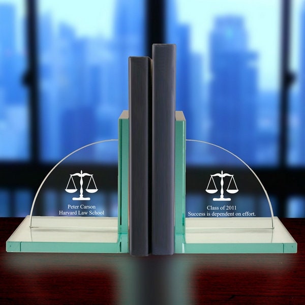 Engraved Scales of Justice Jade Glass Bookends