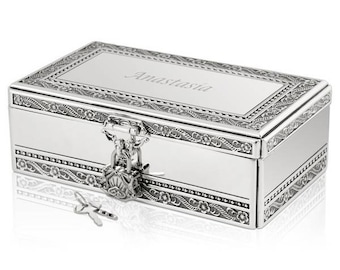 Engraved Personalized Silver Jewelry Box with Lock and Key