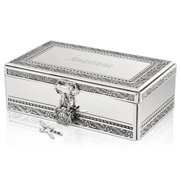 Engraved Personalized Silver Jewelry Box with Lock and Key