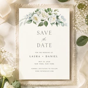 May include: A rectangular wedding save the date card featuring a watercolor floral arrangement of white roses and green eucalyptus leaves at the top. The text reads: SAVE the DATE FOR THE WEDDING OF LAURA + DANIEL MAY 24, 2028 NEW YORK, NEW YORK.