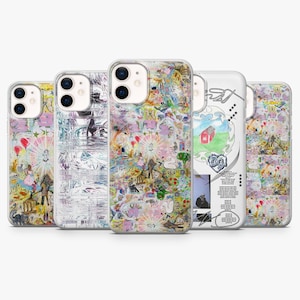 May include: A collection of five clear smartphone cases featuring various artistic designs. The cases display colorful illustrations, including red balloons, figures, and abstract patterns, while one case features a red barn and black text.