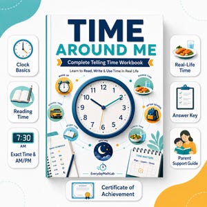 May include: A Time Around Me Complete Telling Time Workbook with a large blue clock face on the cover. The book features illustrations of daily activities like school, lunch, and bedtime, along with text about learning to read and write time.