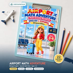 Bilingual Airport Math Activity Pack for Kids Ages 3–6, English & Spanish Preschool Printable Worksheets
