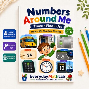 Könnte beinhalten: Ein weißes Lernbuch mit dem Titel Numbers Around Me und dem Untertitel Trace Find Use Real-Life Number Tracing. Das Cover zeigt ein Cartoon-Kind und verschiedene reale Bilder, darunter einen Schulbus, einen Aufzug und eine Uhr.