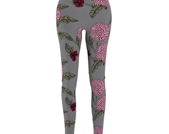 May include: Full-length leggings in a medium gray color featuring a repeating floral pattern. The design includes large, textured pink and white chrysanthemum-style flowers, smaller dark red blossoms, and green leaves with detailed black outlines.