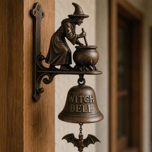 May include: A bronze-coloured wall-mounted bell featuring a figure of a witch stirring a cauldron on the top bracket. The bell is embossed with the text WITCH BELL and hangs above a small metal bat ornament suspended by a short chain.
