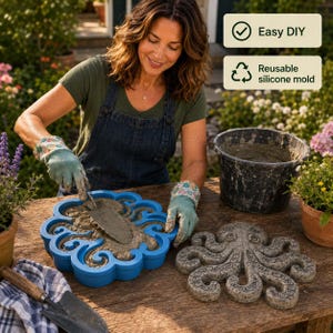 Pode incluir: Um molde de silicone azul em forma de polvo sendo preenchido com concreto cinza usando uma pequena colher de pedreiro. Um polvo de concreto cinza acabado está próximo em uma superfície de madeira. O texto na imagem diz Easy DIY e Reusable silicone mold.