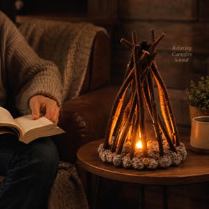May include: A decorative lamp shaped like a campfire, constructed from dark brown twigs arranged in a teepee structure over a base of grey textured stones. The center emits a warm orange glow, and the text Relaxing Campfire Sound is visible.