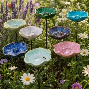 Puede incluir: Un conjunto de ocho estacas de jardín de cerámica con forma de flor en varios colores, incluyendo verde, azul, rosa y blanco. Cada estaca presenta un diseño de cuenco ondulado con una cuenta central, montado sobre una fina varilla de metal negro.