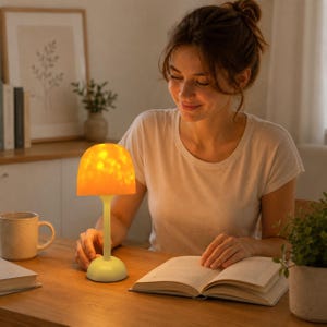 May include: A mushroom-shaped table lamp with a glowing orange cap and a pale, slender stem. The lamp emits a warm, soft light, illuminating the surrounding area. It features a rounded base and a smooth, curved top, providing a steady light source.