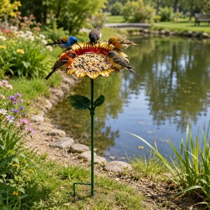 May include: A sunflower-shaped bird feeder on a thin green metal stake with two leaves. The feeder bowl is gold and red, filled with mixed birdseed. Four small birds with blue, orange, yellow, and grey feathers are perched on the rim eating.