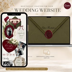 May include: A digital wedding website template displayed on a smartphone and laptop screen. The design features deep red and olive green accents, floral motifs, a wax seal graphic, and text including "Our Story," "Wedding Weekend," and "Open Invitation."
