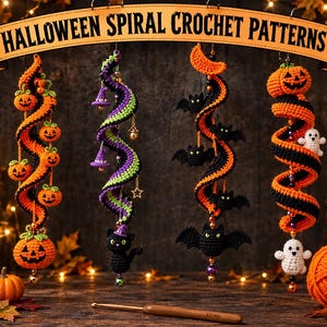 May include: Four hanging Halloween spiral crochet patterns featuring orange and black yarn. The designs include small pumpkins, a black cat with a witch hat, bats with a crescent moon, and a large pumpkin with a white ghost. Text reads HALLOWEEN SPIRAL CROCHET PATTERNS.