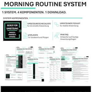 Könnte beinhalten: Ein digitales Morning Routine System Dokumenten-Set von Caushin mit vier Komponenten: Umsetzungscheckliste, Umsetzungstoolkit, Vorlagen für Vorabend und Morgen sowie ein Mini-FAQ. Das Layout zeigt schwarzen und türkisen Text auf weißen Seiten.