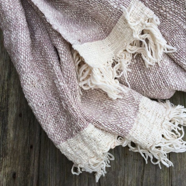 Organic handwoven shawl / scarf with natural dyed hand-spun cotton: natural white / mud brown (XL yarn)