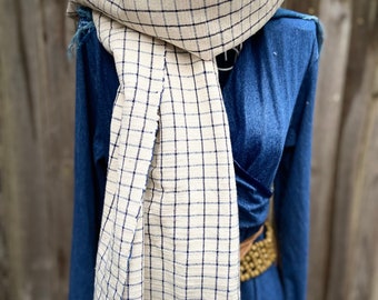 All natural organic gray scarf/wrap with handwoven handspun cotton: raw white cotton and indigo blue